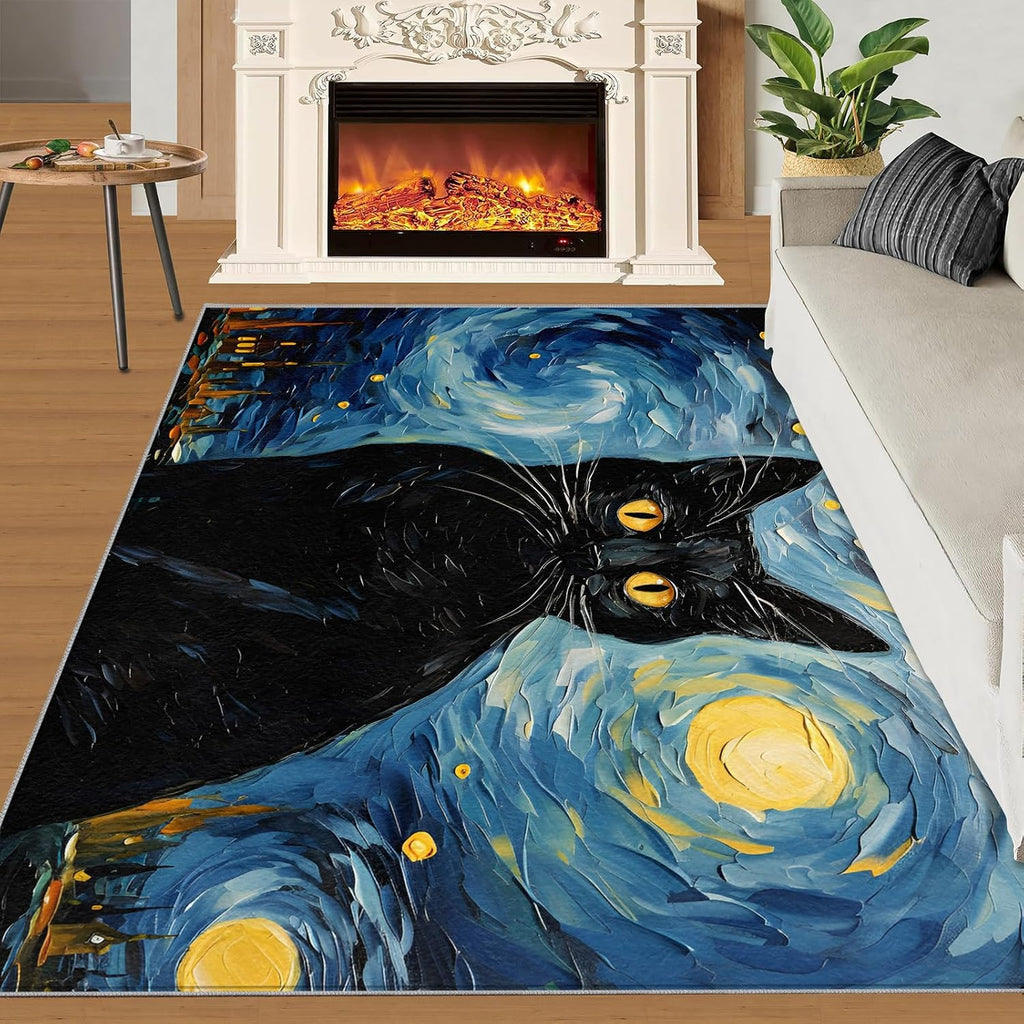 6x8 Area Rug - Starry Night Black Cat Large Rugs for Living Room, Post-Impressionist Art Painting Carpet Area Rug for Girls Bedroom Kids Room Basement Office Classroom