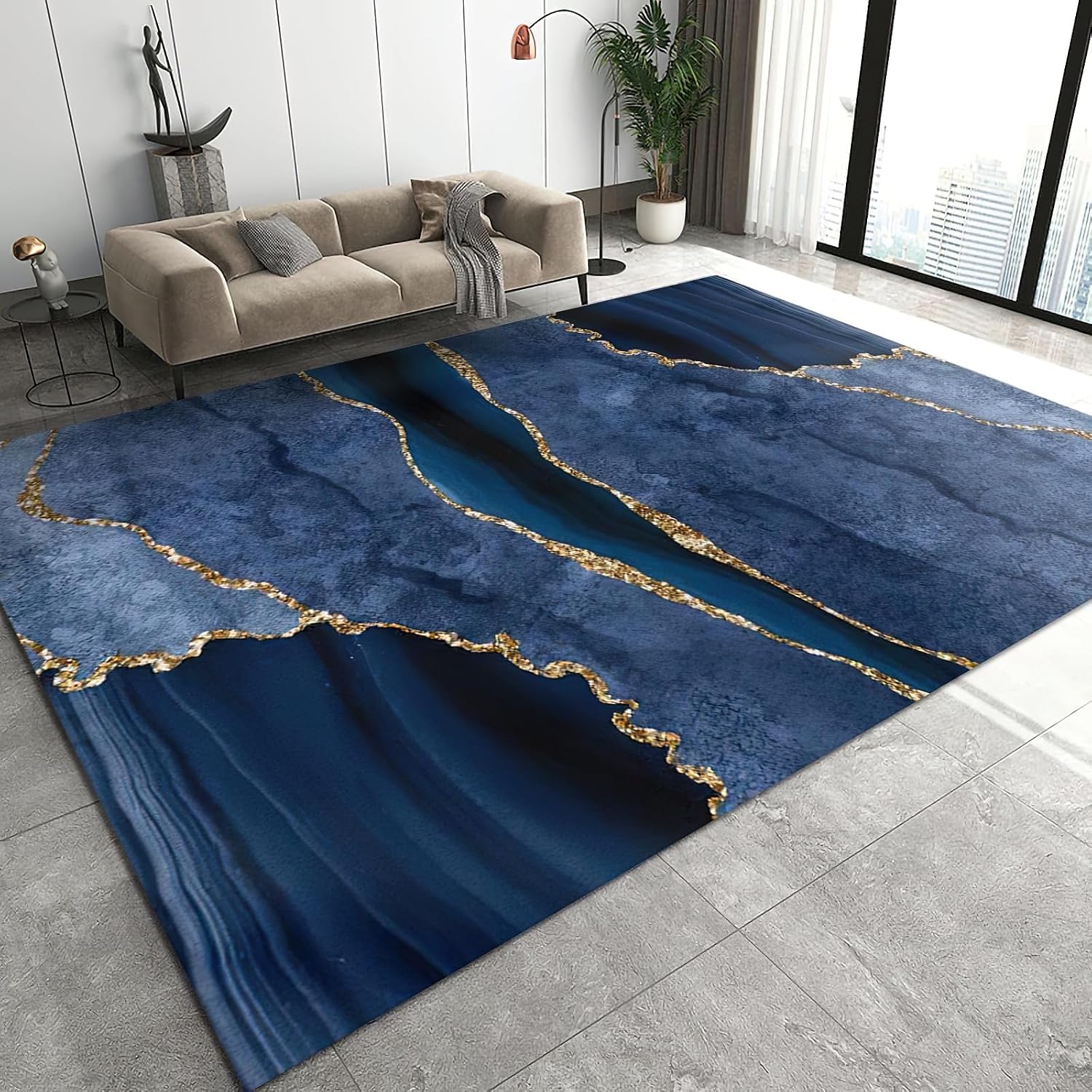 6x8 Rug Luxury Dark Blue Marble Soft Washable Carpet, Abstract Gold Line Texture Upholstery Rug with Non-Slip Backing for Kids Boys Girls Bedroom Living Room Dining Room Study