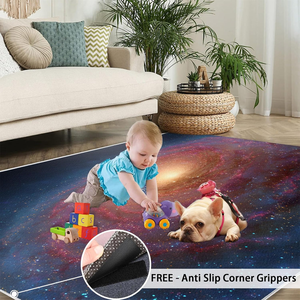 Galaxy Rugs for Bedroom, Milky Way Rug 6x8, Nebula Stars Dining Room Rugs Washable & Non Slip Large Carpet for Home Decor