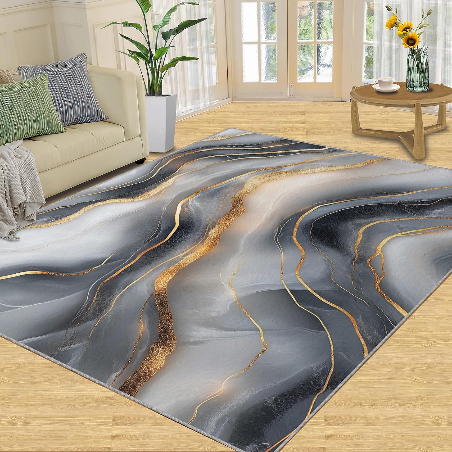 Abstract Lines Rug 6x8 - Wavy Shapes Large Rugs for Living Room, Luxurious Marble Carpet Area Rug for Girls Bedroom Kids Room Basement Office Classroom