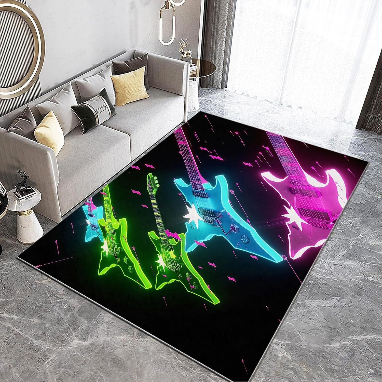 Area Rug 6x8 ft Colorful Guitar Musical Instrument Rugs for Living Room Bedroom, Soft Washable Rug, with Non Slip Backing, Modern Faux Cashmere Low-Pile Carpet, Print Pattern Rug