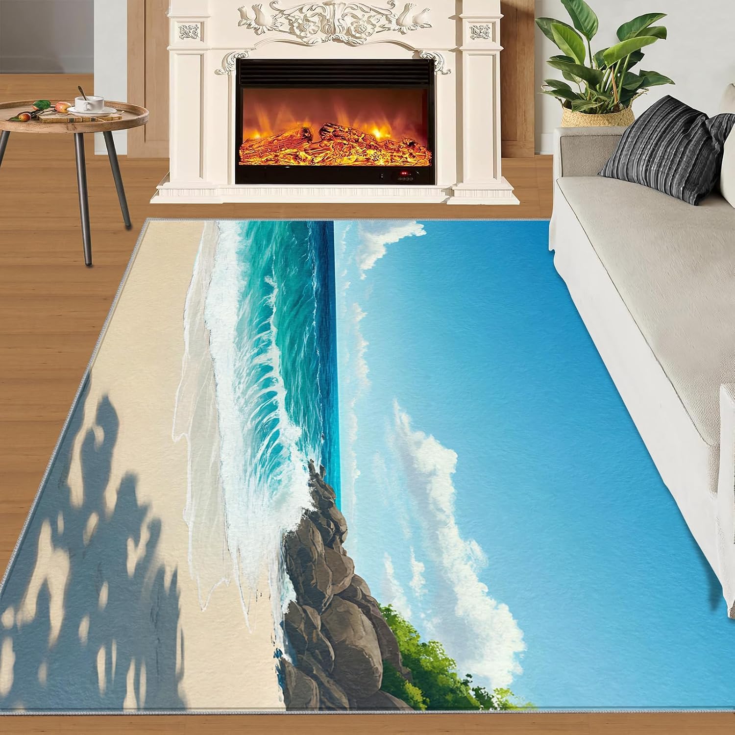 Summer Beach Rug 6x8-6x8 Rug, Coastal Washable Rugs for Living Room, Nautical Carpet, Landscape Non-Slip Area Rugs for Bedroom, Ocean Carpet, Beach Home Decor