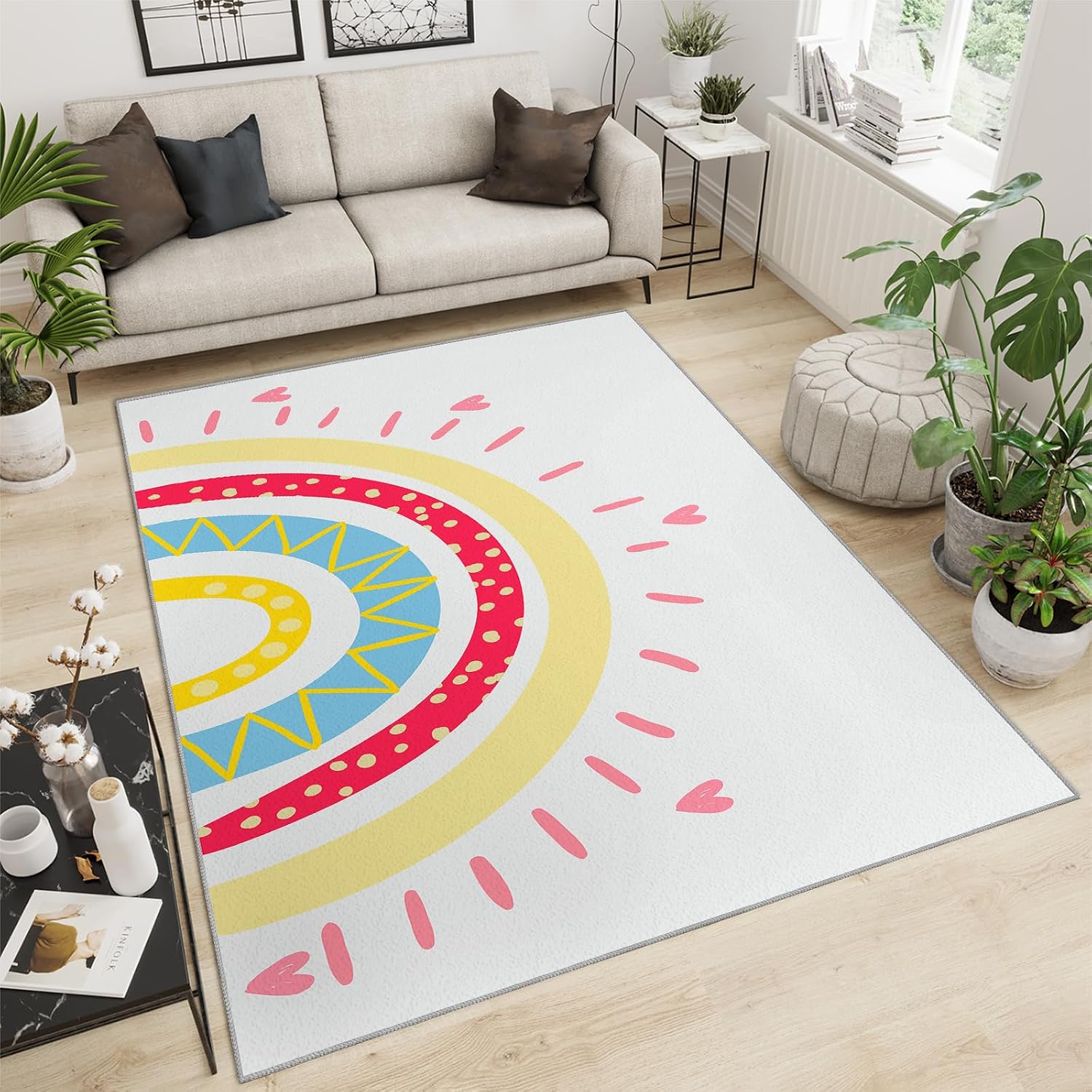 Abstract Rainbow and Heart Area Rug, Colorful Modern Boho Rugs for Living Room, Indoor Non-Slip Kids Rugs, Machine Washable Breathable Durable Carpet for Front Entrance Floor Decor,6 x 8ft