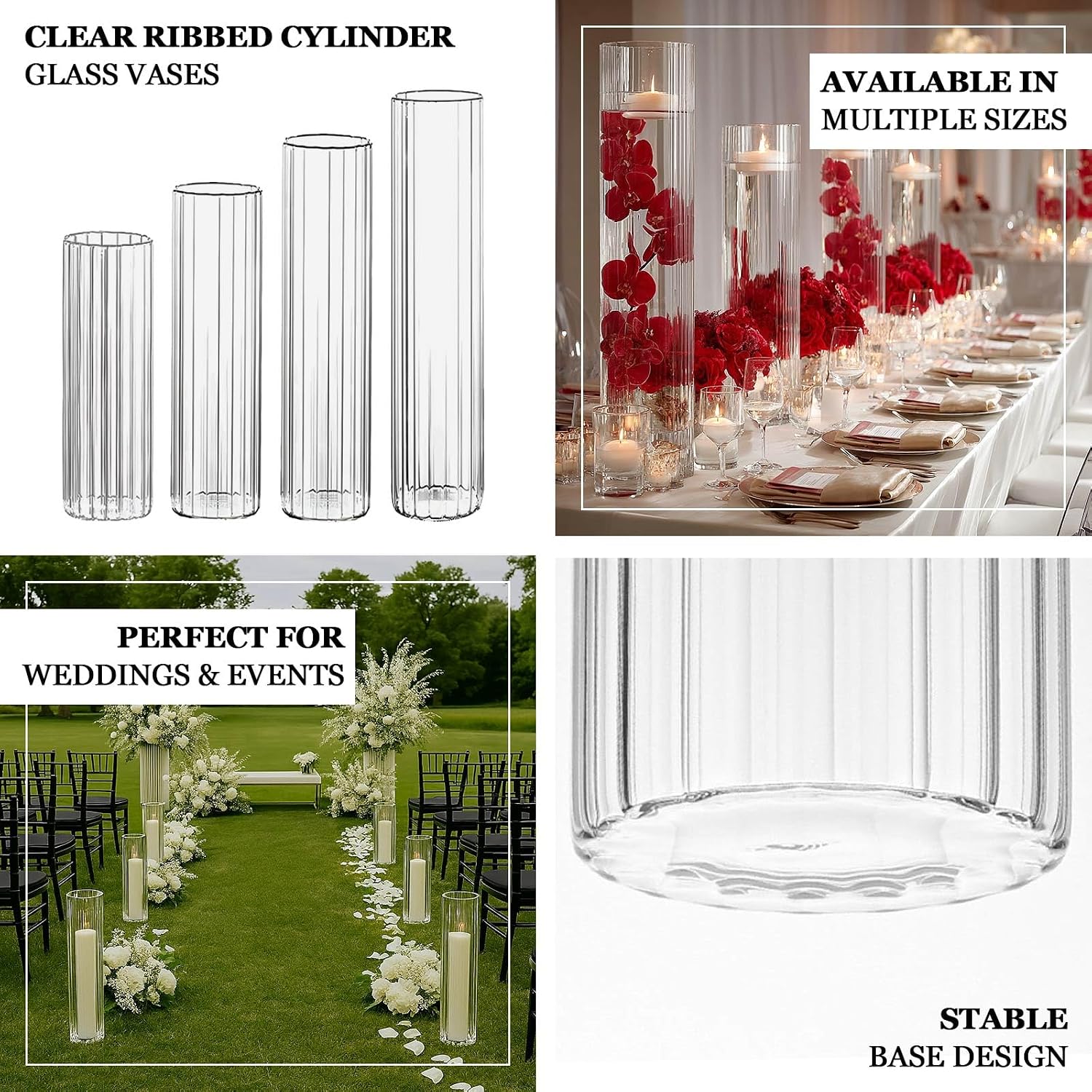Efavormart 2 Pack Ribbed Cylinder Floor Vases – 40' Tall Oversized Clear Glass Vases for Grand Venue Displays & Lobbies