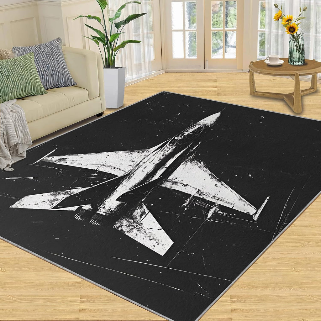 Airplane Rug 6x8-6x8 Rug, Vintage Area Rugs for Bedroom, Black and White Rugs for Living Room, Boys Washable Carpet, Airplane Home Decor & Gifts
