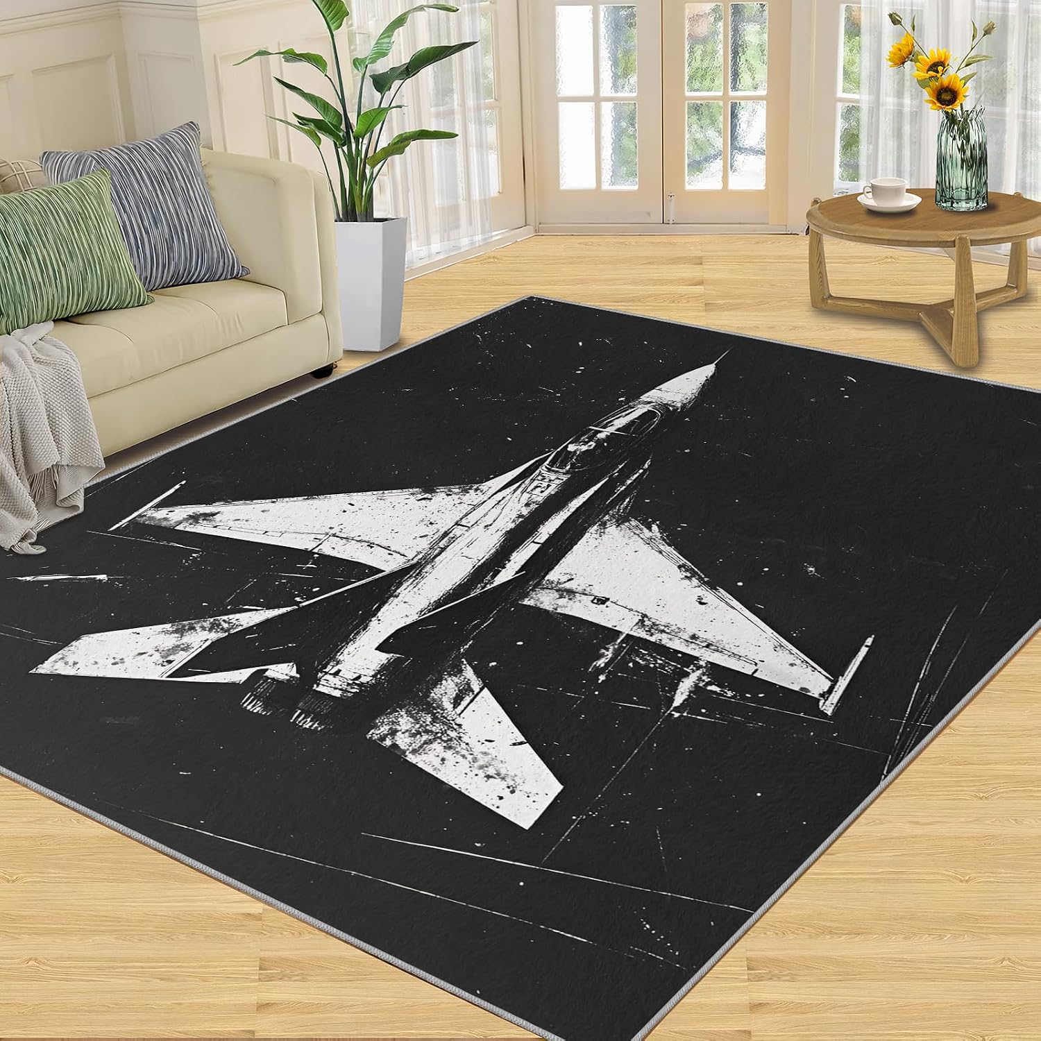 Airplane Rug 6x8-6x8 Rug, Vintage Area Rugs for Bedroom, Black and White Rugs for Living Room, Boys Washable Carpet, Airplane Home Decor & Gifts