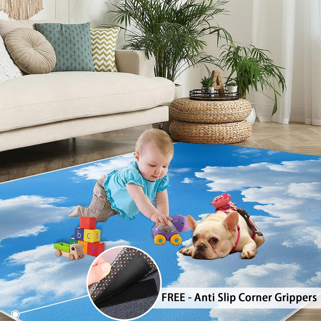Blue Sky Rug 6x8, White Clouds Area Rug, Sky Rugs for Living Room, Washable Rugs for Bedroom, Non Slip Low Pile Floor Mats