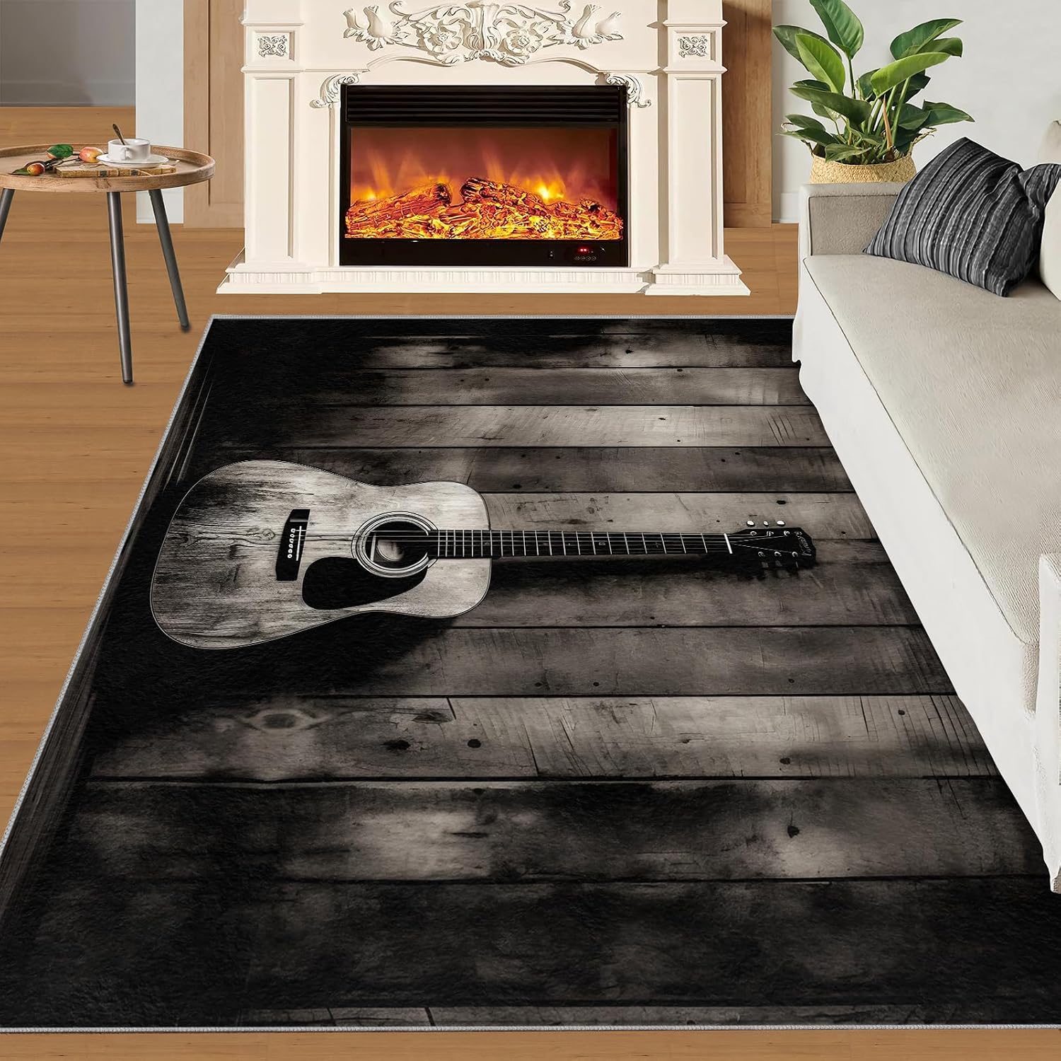 Gray Guitar Area Rug 6x9ft Music Lover Kids Rugs, Vintage Wooden Board Rug for Bedside, Indoor Non Slip Carpet for Music Room Bedroom Classroom Recording Studio