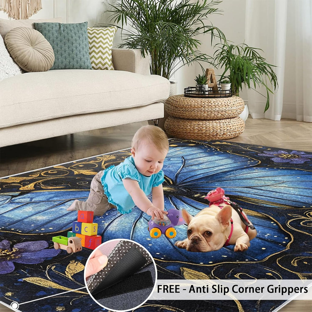 Butterfly Rugs for Bedroom, Luxury Decor Rug 6x8, Retro Exquisite Decor Dining Room Rugs Washable & Non Slip Large Carpet for Home Decor