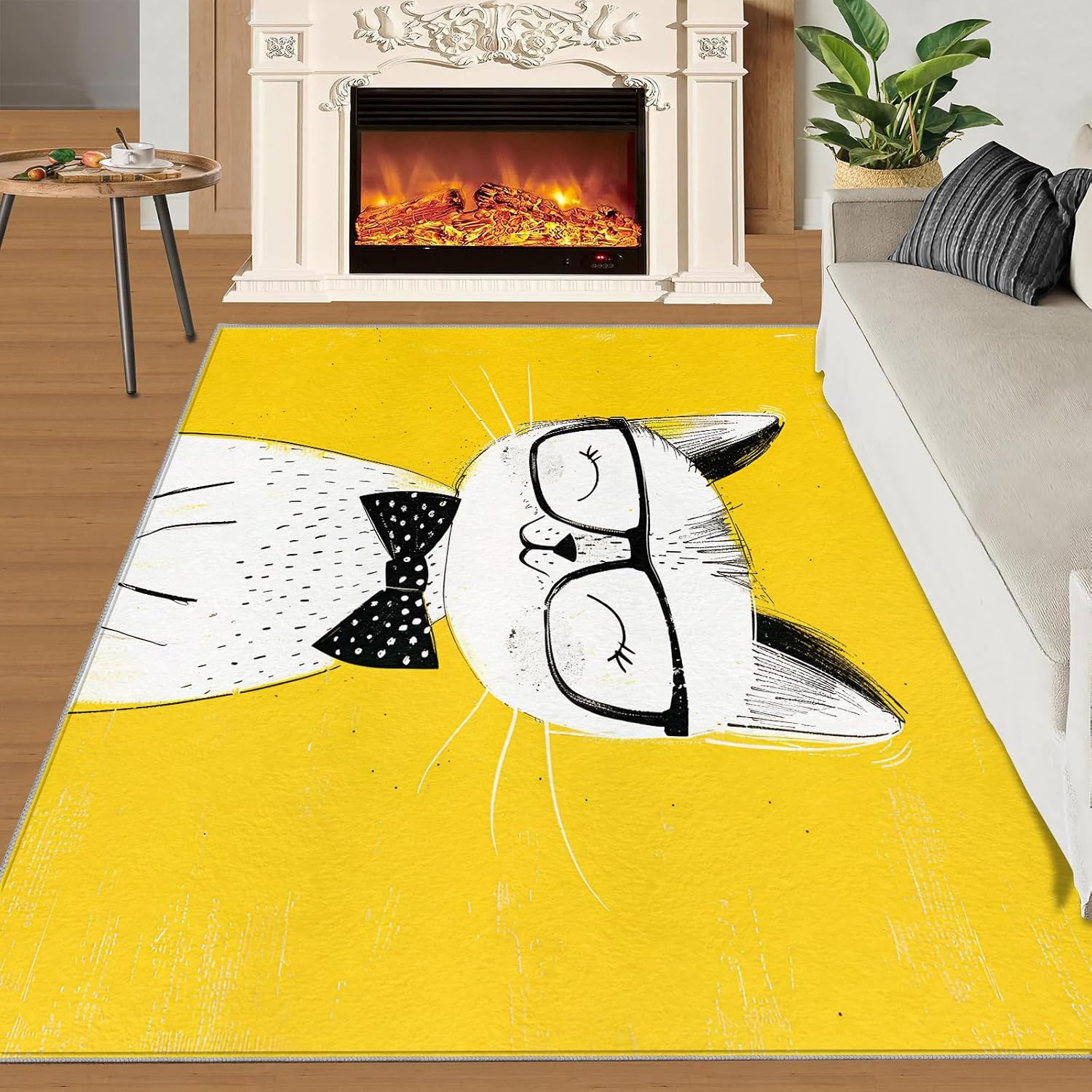 Area Rug 6x8ft, Cute White Cat Rug, Cartoon White Yellow Simple Living Room Rugs, Ultra Soft Non Slip Machine Washable Easy Care Carpet for Bedroom Study Office Apartment Room