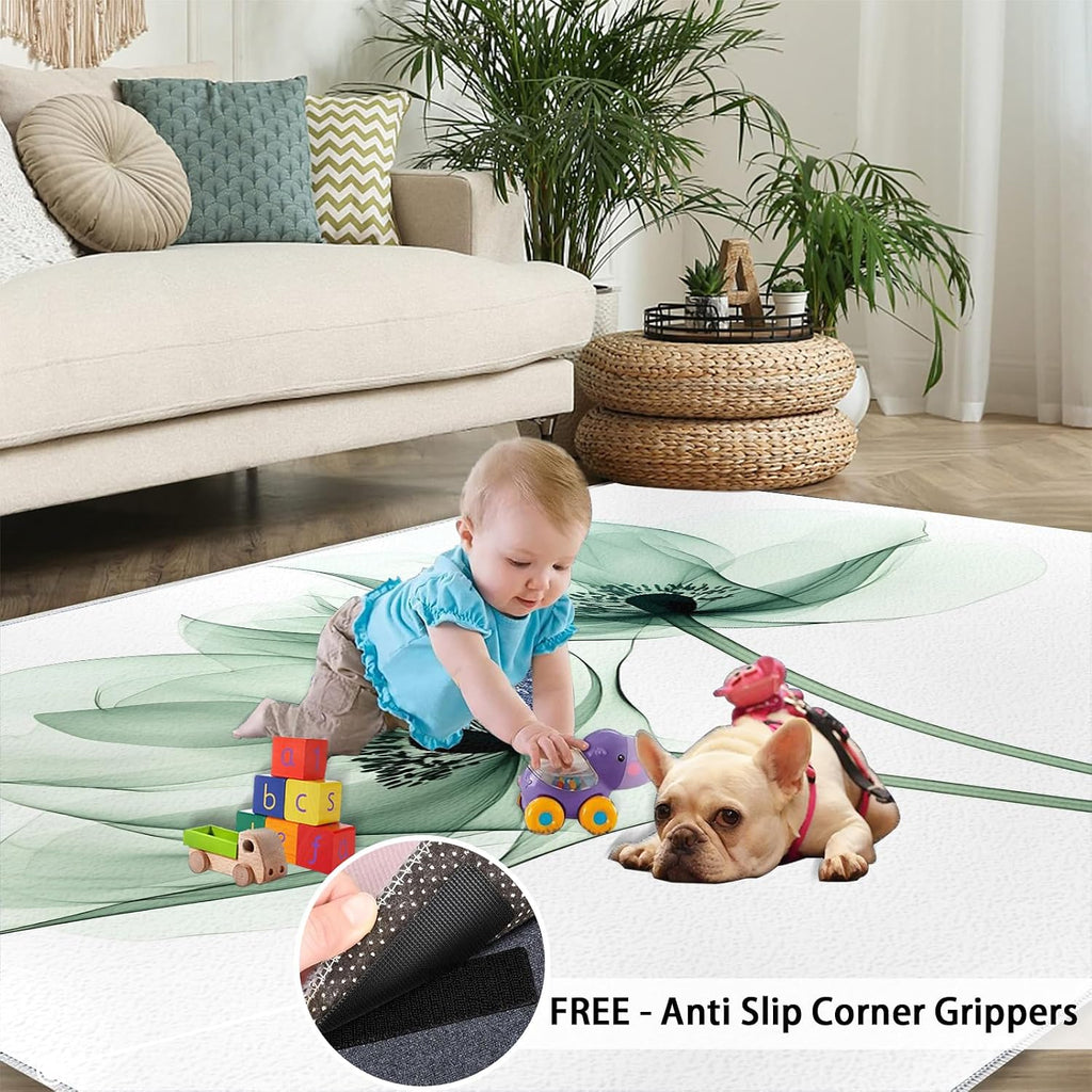 Transparent Floral Rugs for Bedroom - 6x8 Rug, X-Ray Flowers Area Rugs for Living Room, Green Flower Carpet, Creative Washable Area Mat, Aesthetic Carpet, Floral Home Decor & Gifts
