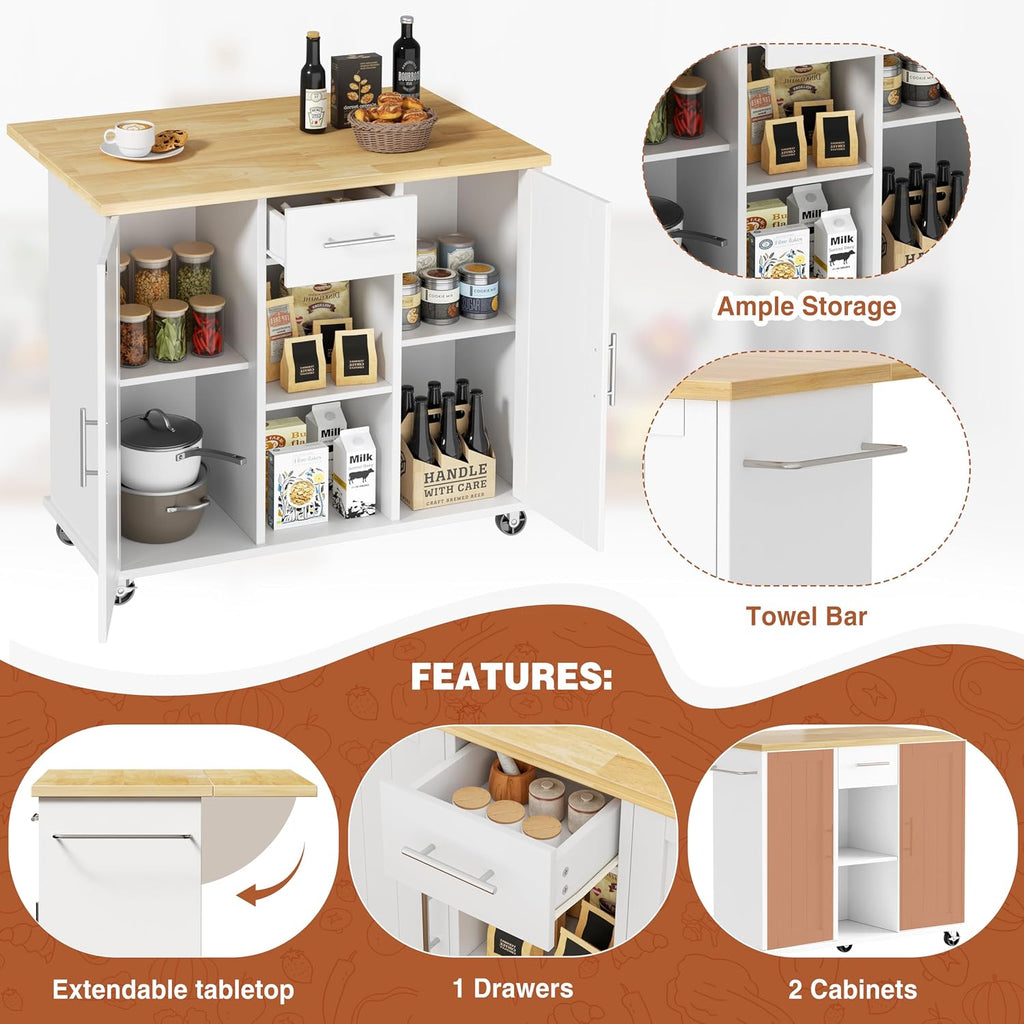 JY QAQA 42' Rolling Kitchen Island Cart with Storage, Drop Leaf Countertop, Drawers & Towel Rack, Mobile Kitchen Table on Wheels for Kitchen Dining Room, White