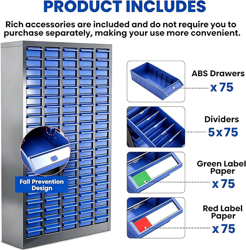 75 Drawer Nut and Bolt Organizer Cabinet, ABS Material Drawers Parts Cabinet with Dividers & Labels, 26'X 9'X 36' Bolt Bin for Garage, Shop and Workshop Organization