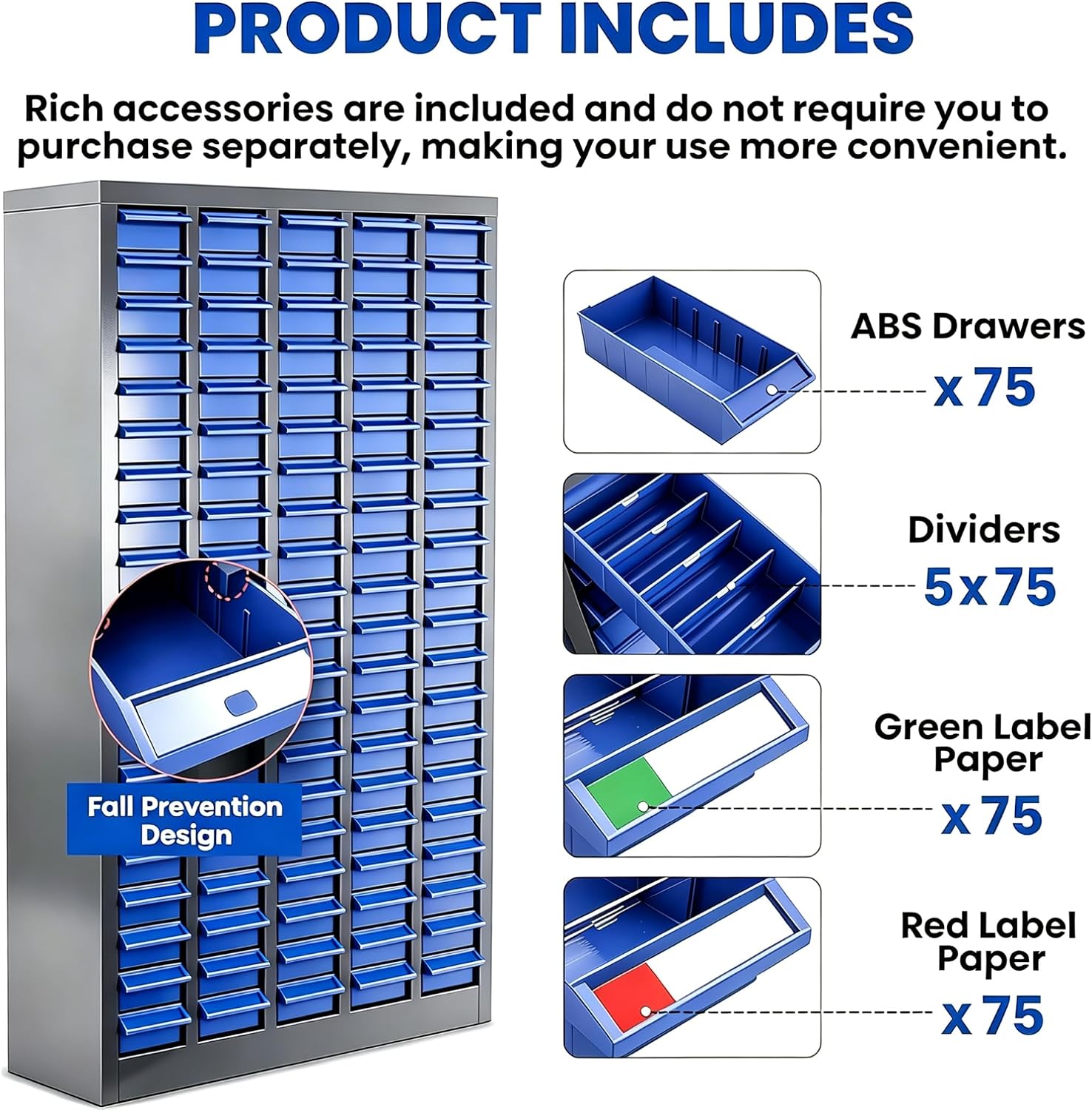 75 Drawer Parts Cabinet 26'X 9'X 36', Multi-Purpose Nut and Bolt Organizer with ABS Drawers, High Capacity Tool Storage Bolt Bin with Dividers and Labels for Workshop & Home Garage