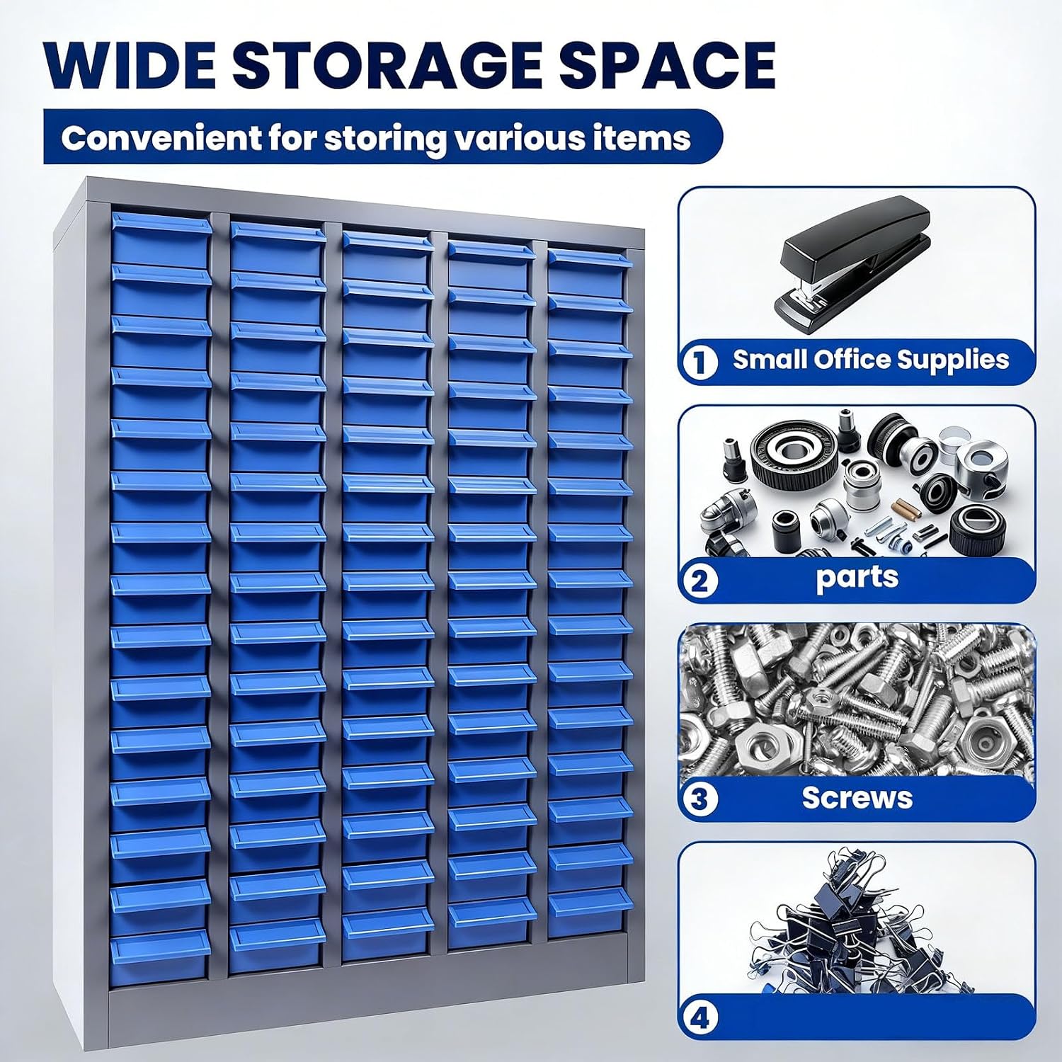 Freestanding 75 Drawer Small Parts Organizer, Blue ABS Drawer Cabinet with Label Panel and Shelf, Hardware Storage System for Workshops, Repair Stations