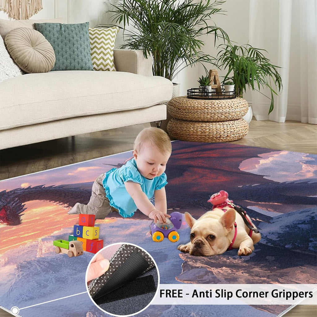 Dragon Rugs for Bedroom, Snow Mountain Dragon Rug 6x8, Mythical Creature Dining Room Rugs Washable & Non Slip Large Carpet for Home Decor