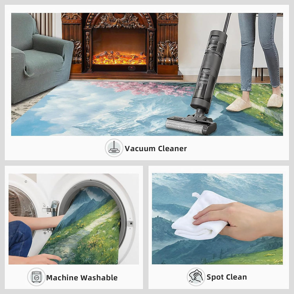 Cherry Blossoms Rugs for Living Room 6x8 Rug, Mountains Area Rug, Natural Scenery Rugs, Large Machine Washable Rug, Non-Slip Floor Carpet for Bedroom Kids Room Home Decor