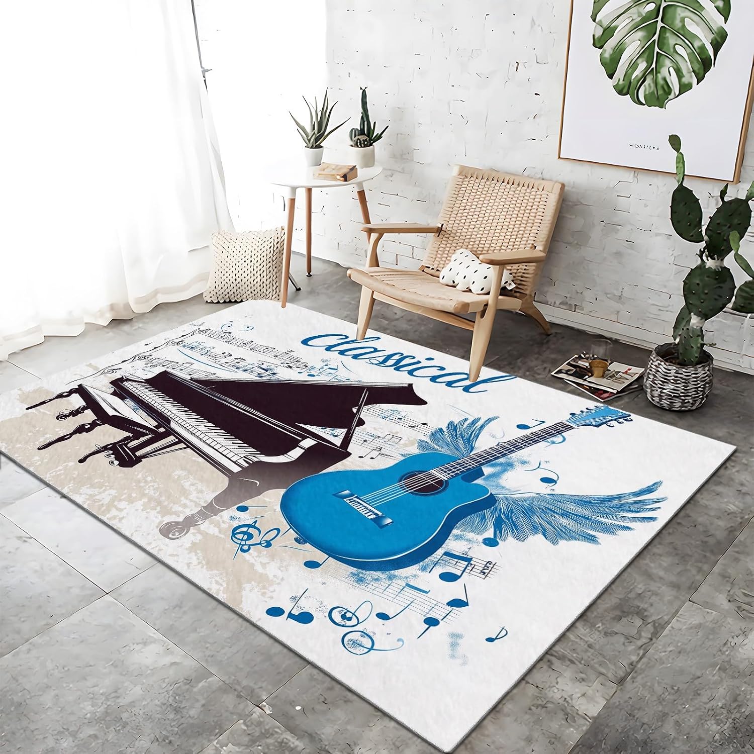 Area Rug for Living Room 5x7 ft Piano Guitar Musical Instruments Washable Rugs Modern Soft Non-Slip Rug Non-Shedding Indoor Carpet for Bedroom Dining Room Home Office Kids Playroom