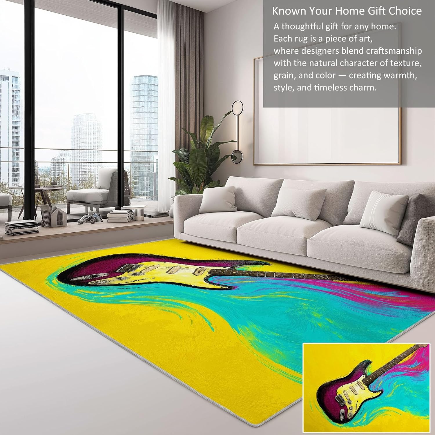 Washable Non-Slip Area Rug 5 x 8 ft, Abstract Guitar Liquid Stripes Print Washable Rugs for Living Room - Soft Oil Painting Style Low Pile Carpet for Bedroom Bedside Dining Room Nursery