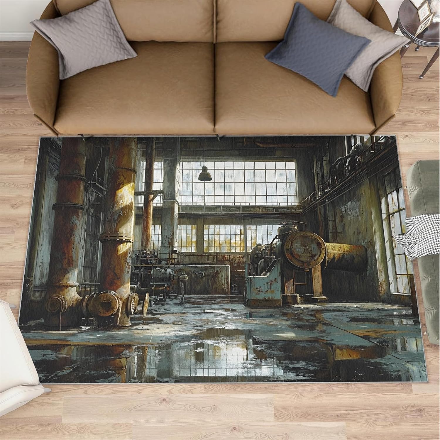 Industrial Style Rug 6x8, Factory Rugs for Living Room, Distressed Area Rug, Washable Rugs for Bedroom, Kitchen Dining Room Decor Carpet