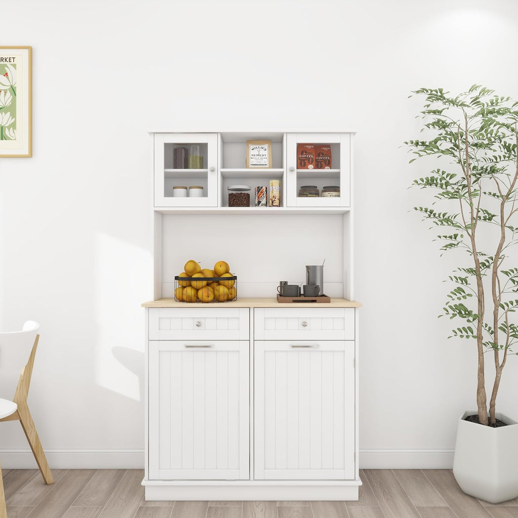 68' 3-Adjustable-Shelf Freestanding Storage Cabinet, Kitchen Storage Bakers Rack with Trash Cabinet, Utility Food Cupboard for Home, White