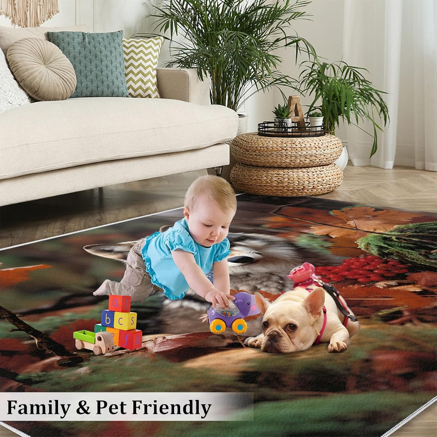 3D Wolf Rug for Kids Room - 6x8 Large Rug, Wild Animal Rugs for Bedroom Autumn Forest Wolf Area Rugs for Living Room Home Decor Washable Rug