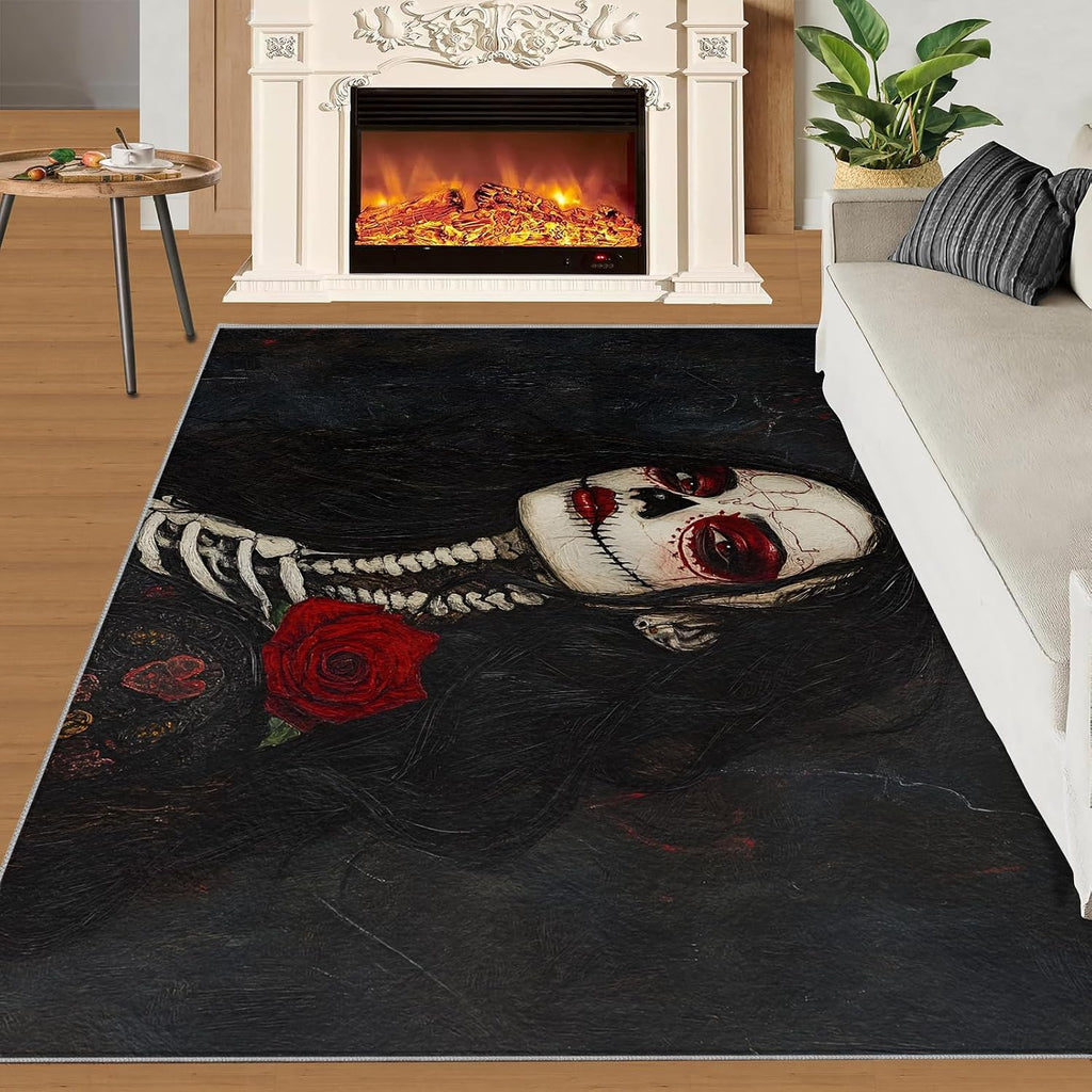 Darkness Area Rug - Large Rug 6x8 - Skull Makeup Rugs for Living Room - Soft & Non Slip & Washable Rugs for Bedroom, Long Black Hair Woman Carpets for Dining Room Lounge Girls Room