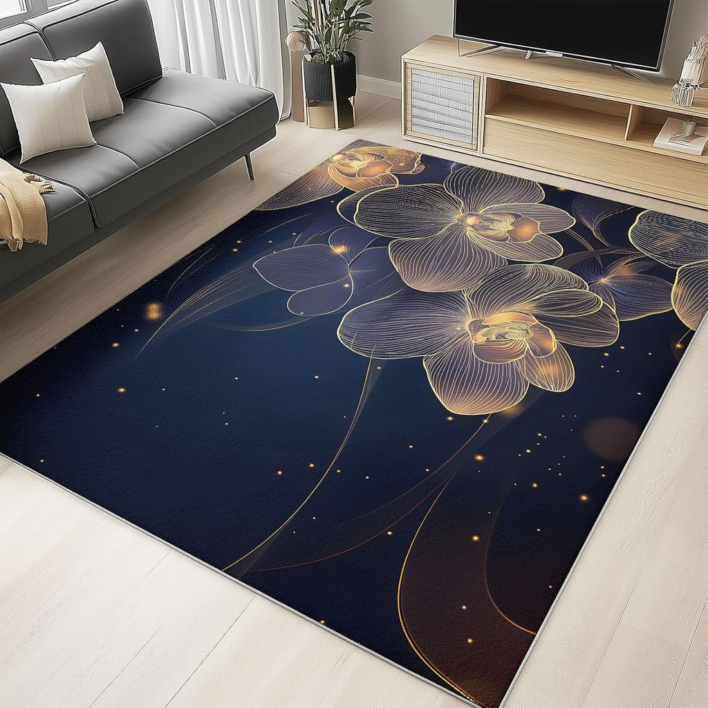 Washable Non-Slip Area Rug Resistant, Artistic Gold Line Orchid Theme for of Living Room Bedroom Kids Room, Nursery, Office, Kitchen, Multicolor 6 x 8 ft Carpet Pet & Child Friendly