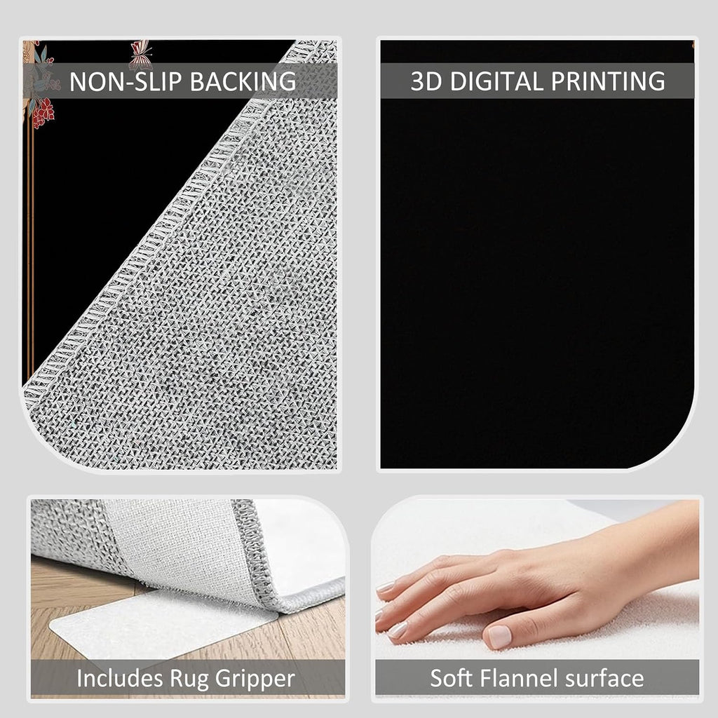 Japanese Plants Flowers Bamboo Area Rugs 5 x 7 ft for Kids Room Boys Girls, Black Polyester Indoor Carpet - Machine Washable Non-Slip Soft Printed Rug for Bedroom Living Room Decor