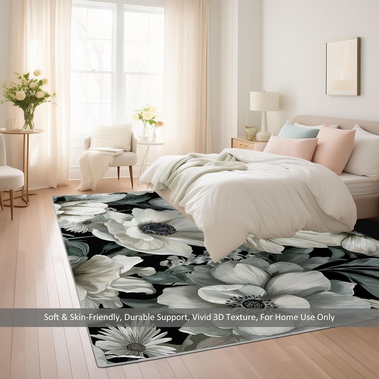 Watercolor Flowers Plants Low-Pile Washable Area Rug 5 x 7 ft, Elegant Luxury Bedroom Non-Slip Carpet Non-Shedding Living Room Rugs Floor Carpet for Kids Nursery Room Office Dining Room