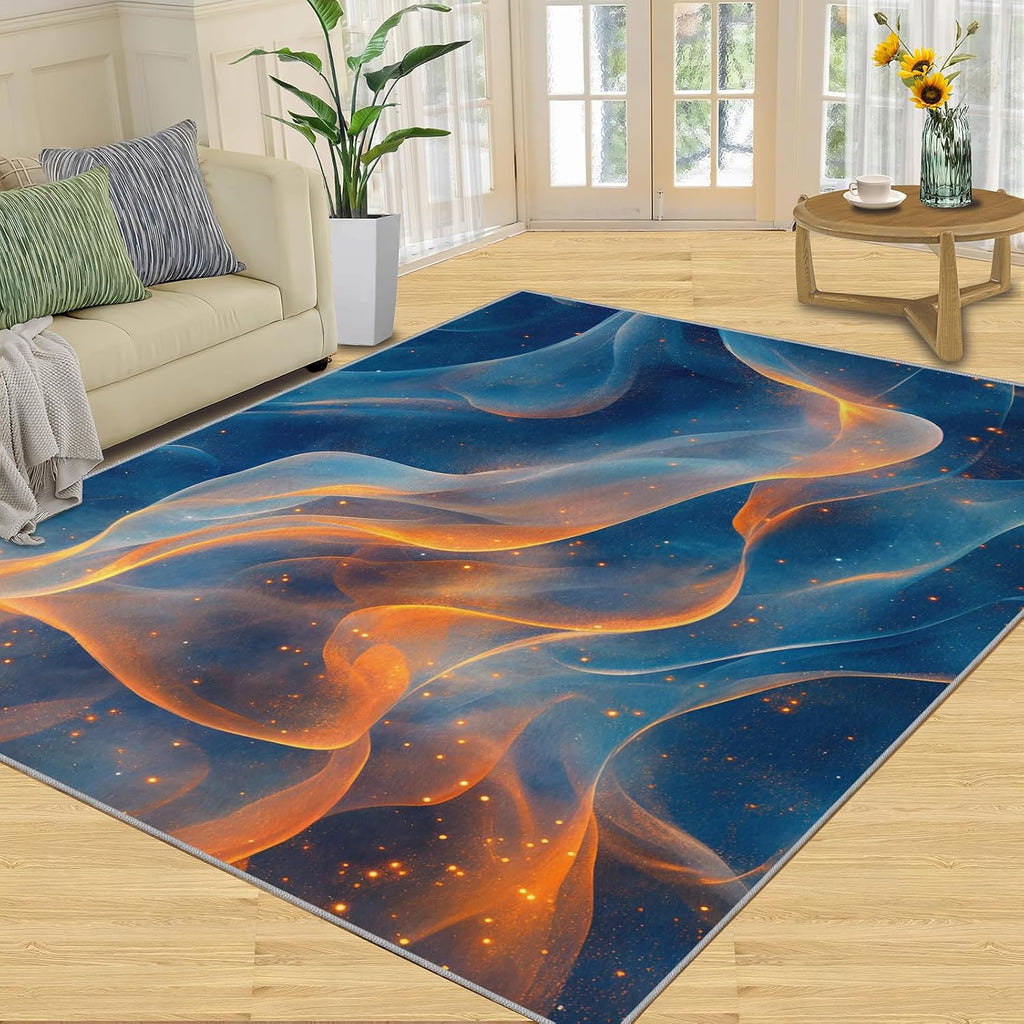 Washable Rugs Blue Rug & Home Decor, Golden Area Rug 6x9, Non Slip & Low Pile Carpet, Abstract Rugs for Bedroom Living Room