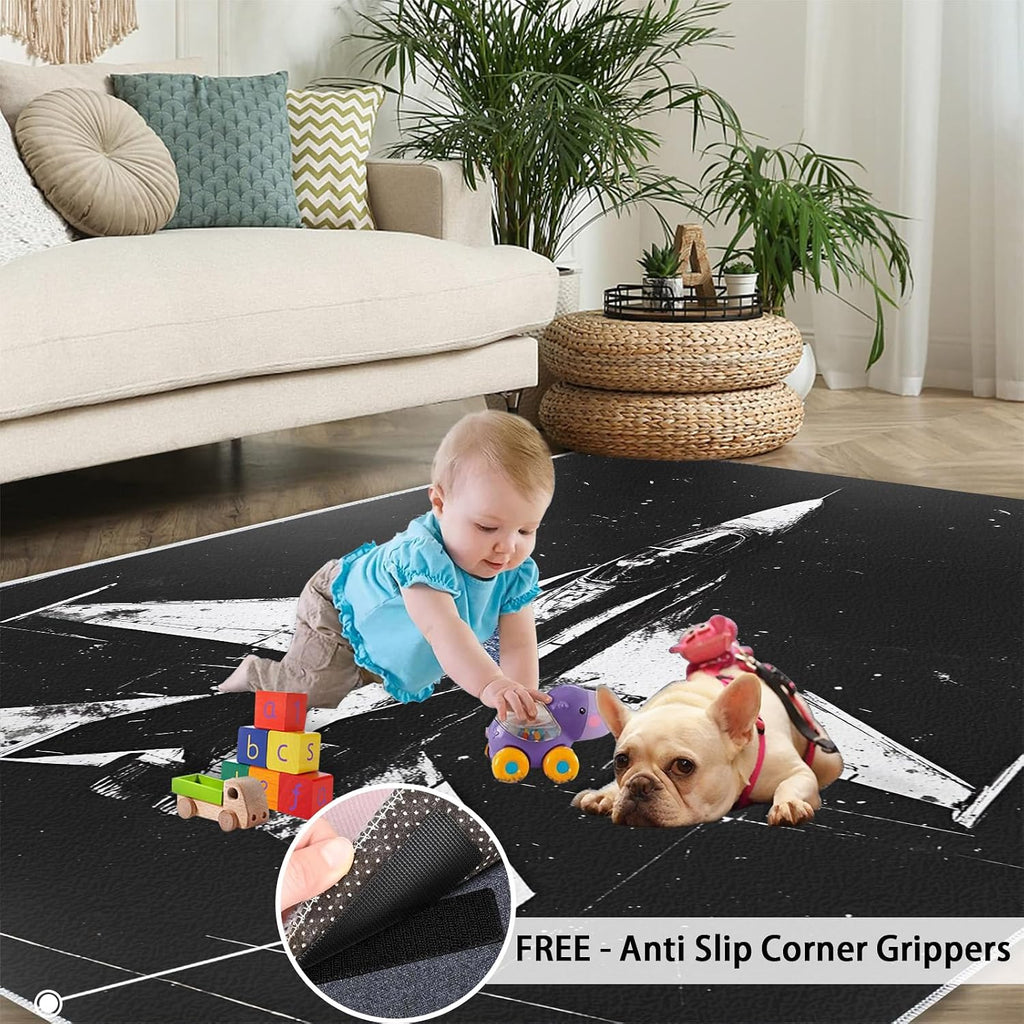 Airplane Rug 6x8-6x8 Rug, Vintage Area Rugs for Bedroom, Black and White Rugs for Living Room, Boys Washable Carpet, Airplane Home Decor & Gifts