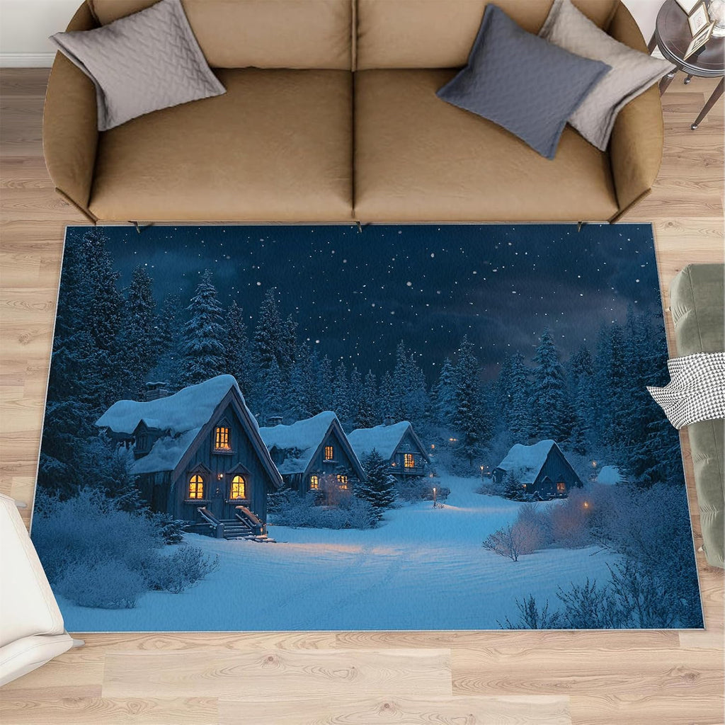 Rustic Cabin Rug Large - 6x8 Rug, Christmas Washable Rugs for Living Room, Winter Snow Scene Carpet, Festival Decor Non-Slip Area Rugs for Bedroom, Farmhouse Carpet, Christmas Home Decor