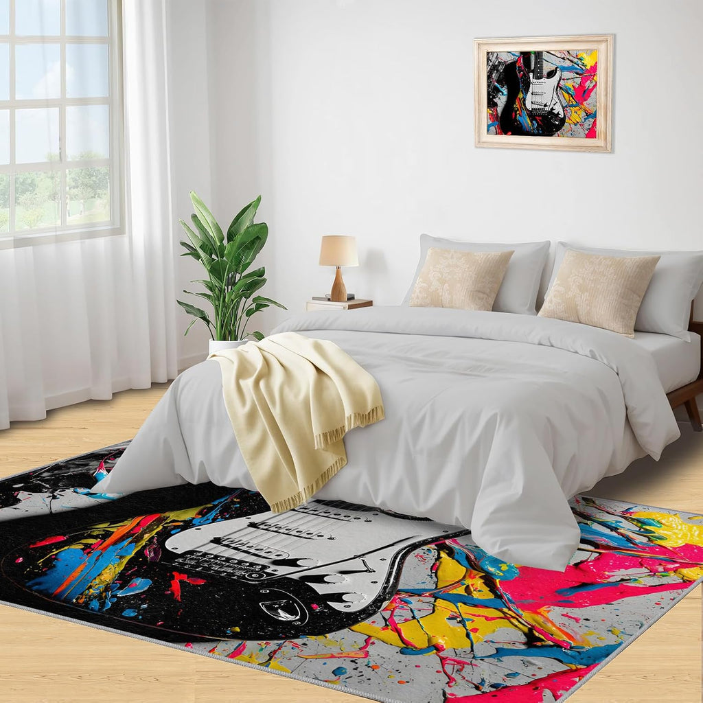 Cool Guitar Area Rug - Guitar Kids Rugs - Music Lover Rug for Bedroom, Indoor Machine Washable Carpet for Music Classroom Studio Band 8x10ft