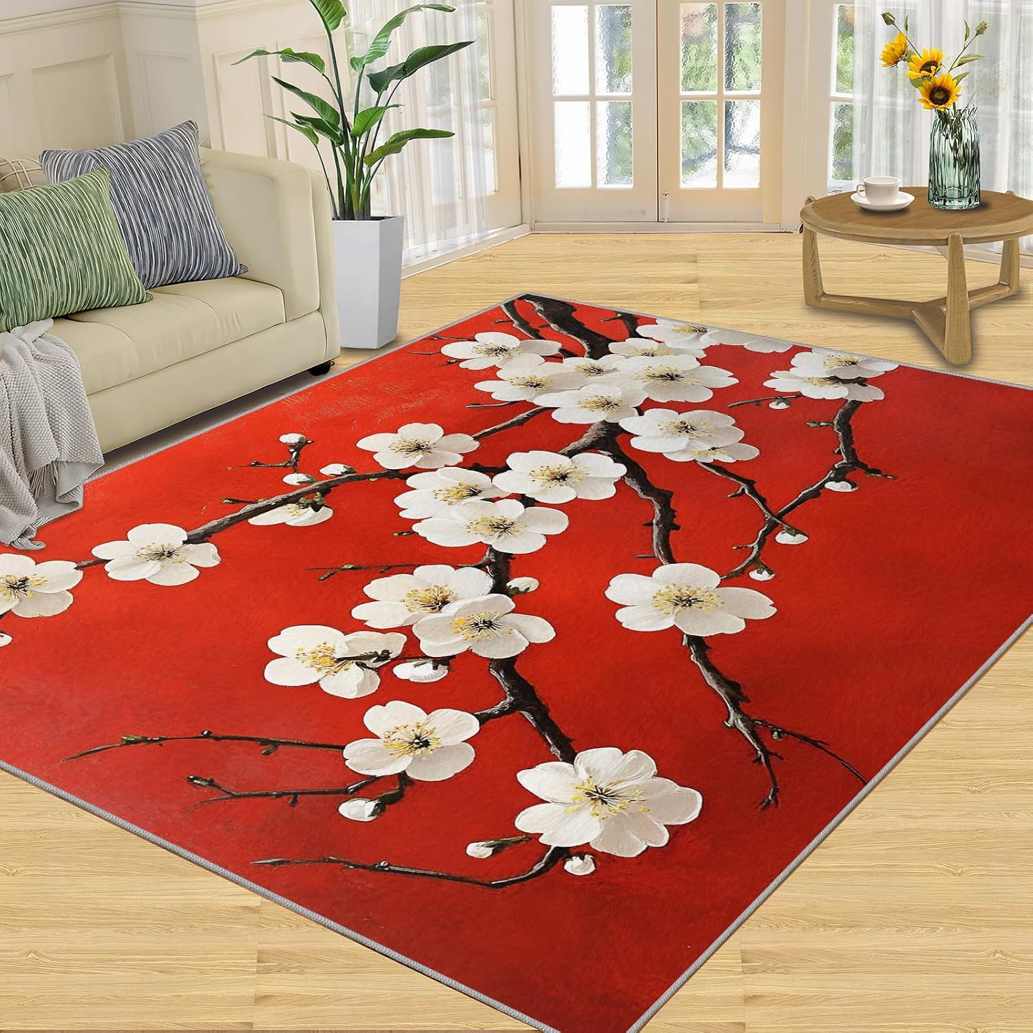 Cherry Blossoms Rug 6x8, Red Background Rugs for Girls Room, Asian Style Rugs for Bedroom, Washable Area Rug for Bedside Dining Room Kitchen Floor Mat