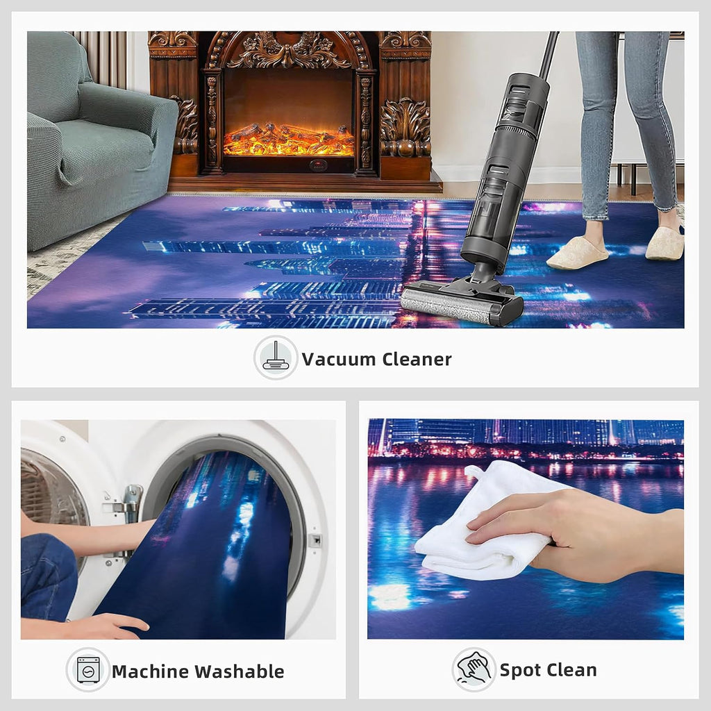 Futuristic Rugs for Living Room 6x8 Rug, Sci-Fi City Area Rug, City Night Scene Rugs, Large Machine Washable Rug, Non-Slip Floor Carpet for Bedroom Kids Room Home Decor