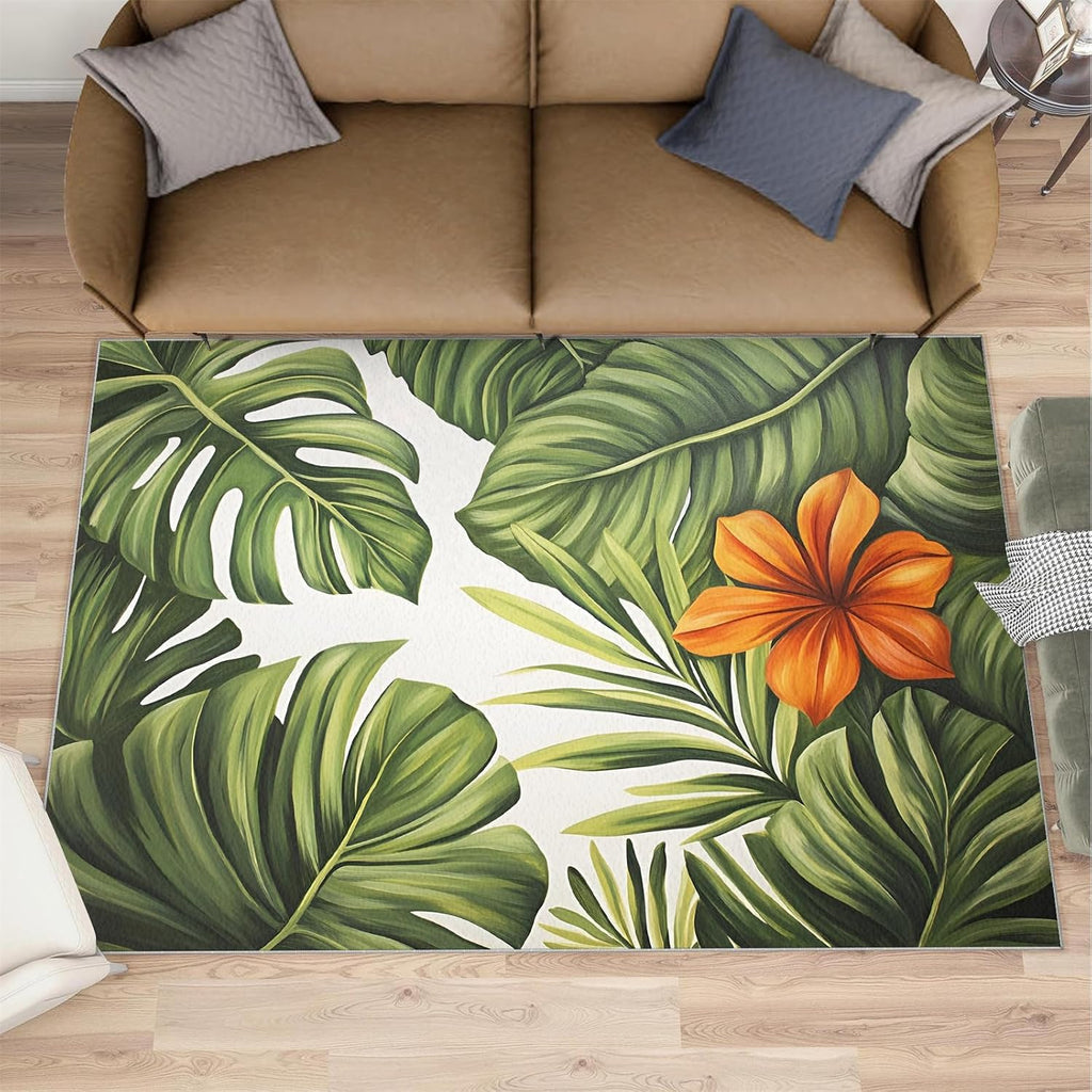 Hibiscus Monstera Rugs for Bedroom - 6x8 Rug, Floral Area Rugs for Living Room, Green Botanical Carpet, Botanical Washable Area Mat, Tropical Leaves Carpet, Floral Home Decor & Gifts