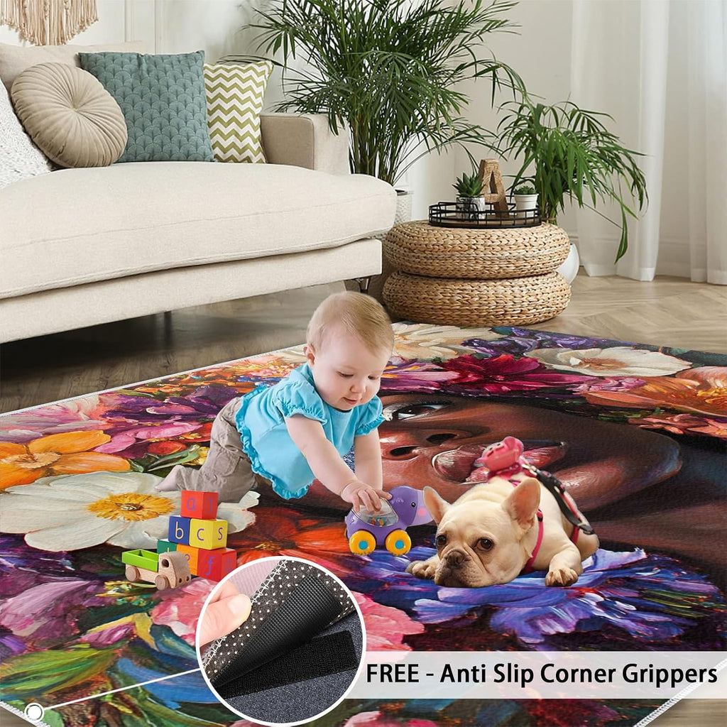 African Women Bedroom Rug, Flowers Area Rug, Home Decor Carpet for Sofa Under Living Room Floor Mat 6x8