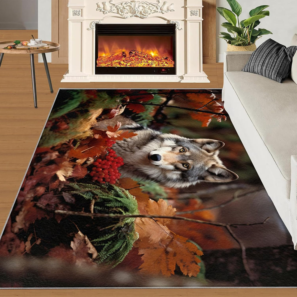 3D Wolf Rug for Kids Room - 6x8 Large Rug, Wild Animal Rugs for Bedroom Autumn Forest Wolf Area Rugs for Living Room Home Decor Washable Rug
