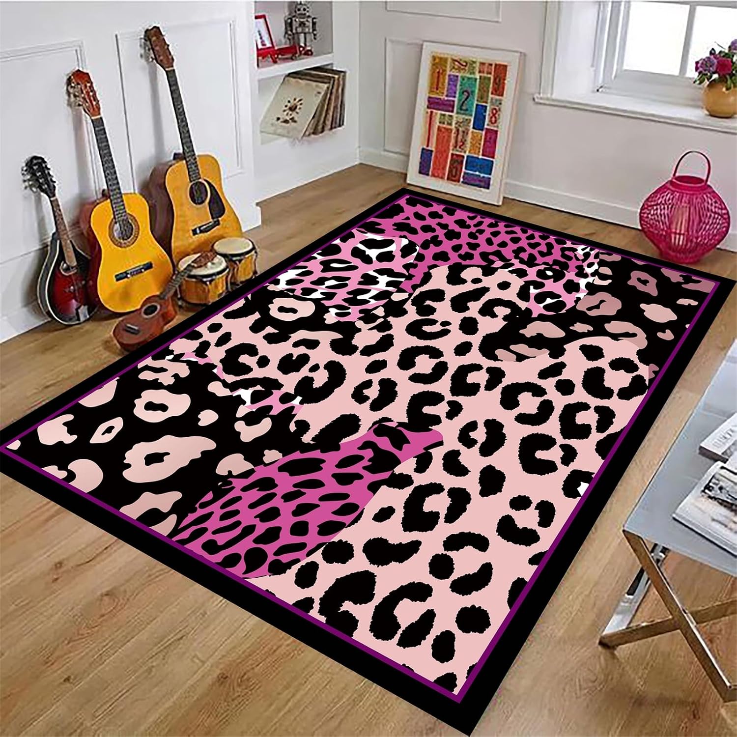 Pink Leopard Rug 6x8ft - Pink Rugs for Girls' Bedroom & Living Room - Cheetah Print Carpet - Vintage Funky Animal Print
