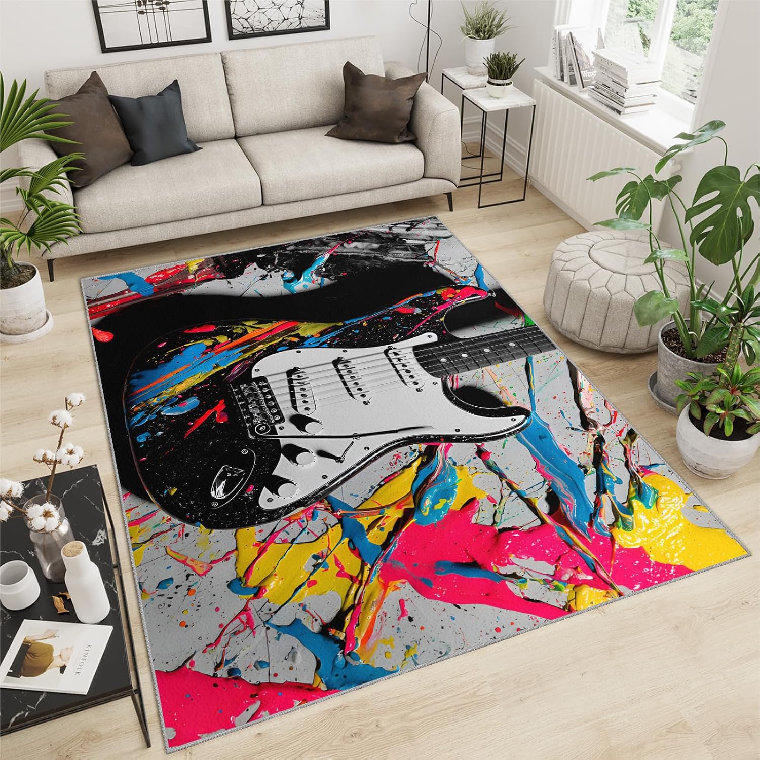 Cool Guitar Area Rug - Guitar Kids Rugs - Music Lover Rug for Bedroom, Indoor Machine Washable Carpet for Music Classroom Studio Band 8x10ft