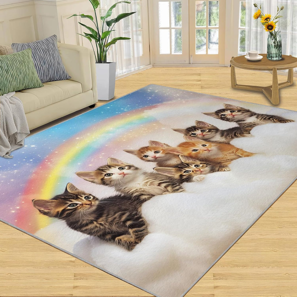 Cat Rugs for Bedroom - 6x8 Rug, Rainbow Area Rugs for Living Room, Fantasy Cloud Carpet, Animal Washable Mat, Cat Home Decor & Gifts