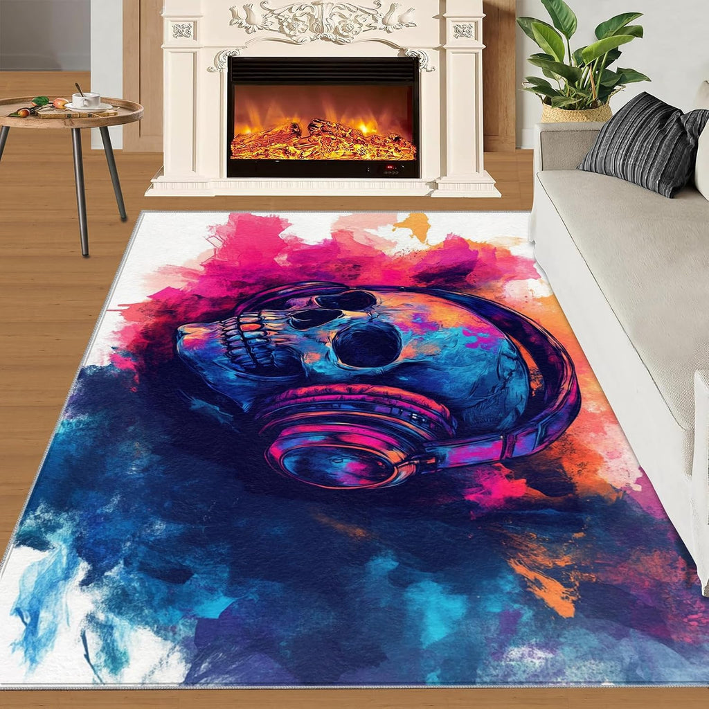 Skull Area Rug Large - 6x8 Rug, Skeleton Rugs for Living Room, Gothic Area Rugs for Bedroom, Halloween Washable Carpet, Halloween Home Decor & Gifts