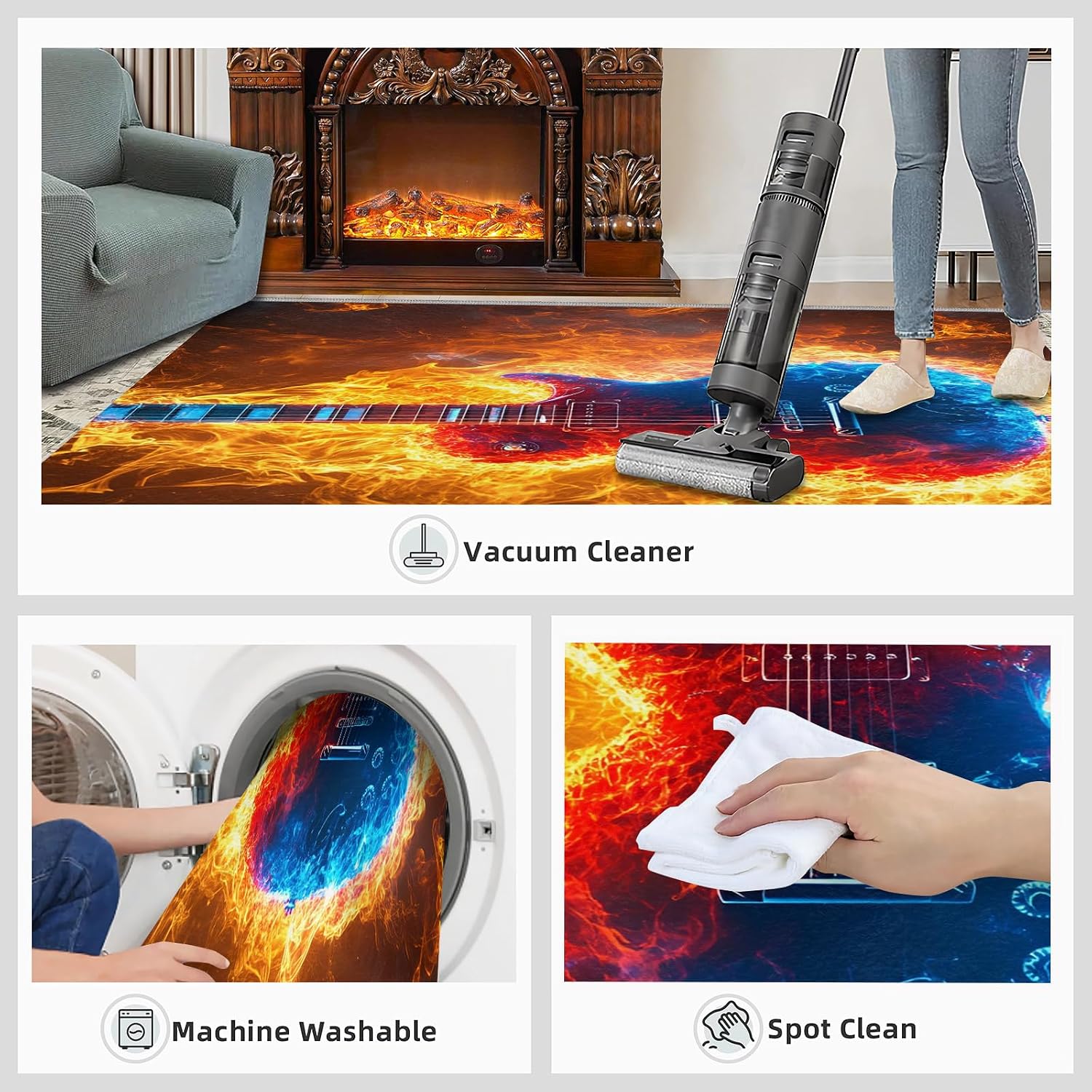 Flame Guitar Area Rugs 6x9 - Electric Guitar Rugs for Living Room, Abstract Art Classroom Rug for Carpet Boy Bedroom Office Nursery Hardwood Home Decor