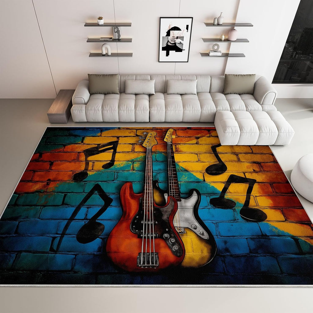 Area Rugs for Living Room 6x8 ft Colorful Guitar Notes Washable Area Rug Modern Non-Slip Indoor Floor Carpet for Bedroom, Farmhouse, Dining Room, Kids Playroom, Home Office