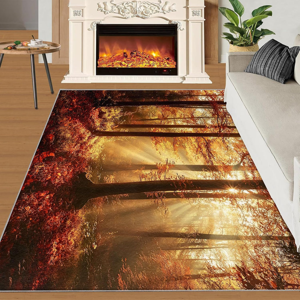Forest Rug 6x8, Forest Rugs for Bedroom, Autumn Scenery Rugs for Living Room, Washable Area Rug for Boys Girls Room, Non Slip & Low Pile Carpet
