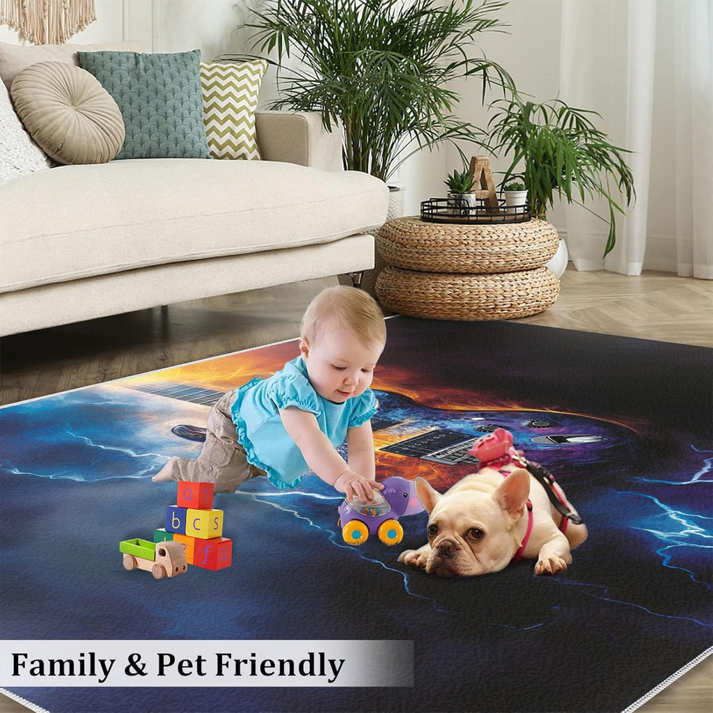 Guitar Rugs for Music Room - 5x7 Rug, Music Home Decor, Boys Musical Washable Rugs for Living Room Bedroom, Cool Lightning Area Rug, Rock and Roll Carpet, Electric Guitars Gifts for Men