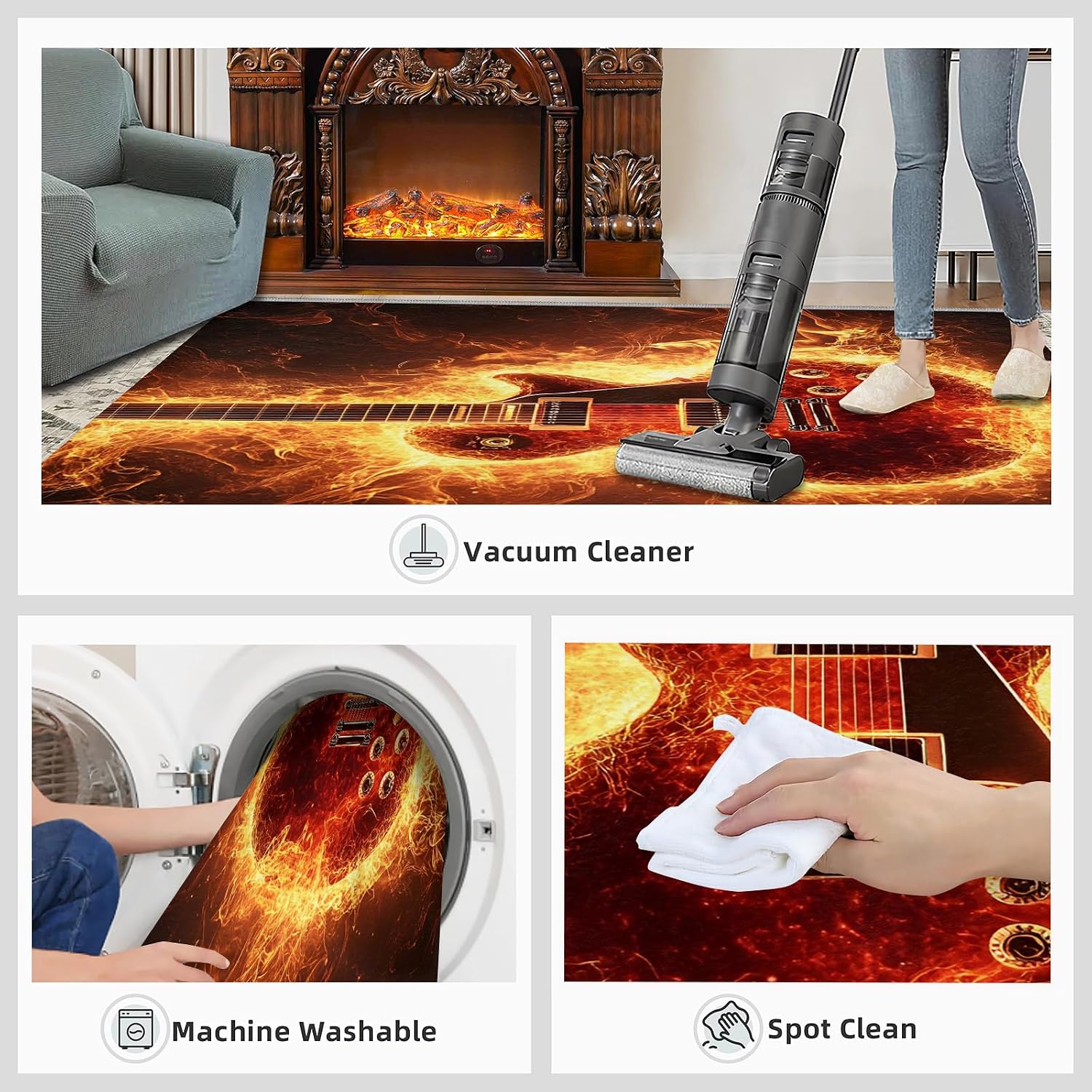 Guitar Rugs for Bedroom Girls, Flame Guitar Rug 5x8, Rock Music Living Room Rugs Washable & Non Slip Carpet for Home Decor
