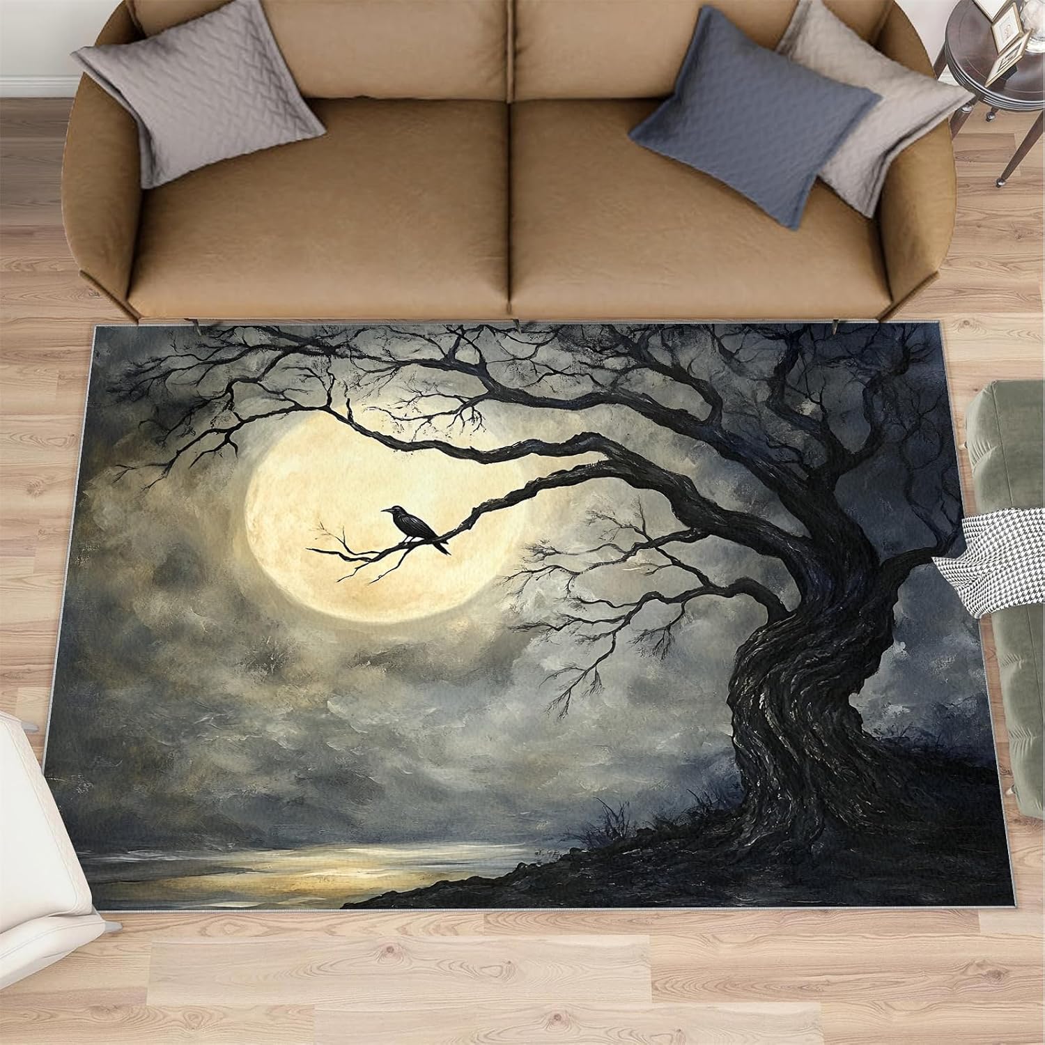 Crow Rug 6x8, Moon Rugs for Bedroom, Gothic Art Area Rug, Non Slip Washable Rugs for Living Room Farmhouse, Indoor Low Pile Decor Carpet