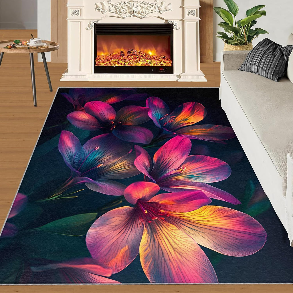 Colorful Flowers Rug - Large Rug 6x8 - Pink and Purple Rugs for Living Room - Soft & Non Slip & Washable Rugs for Bedroom, 3D Petals Carpets for Dining Room Lounge Girls Room
